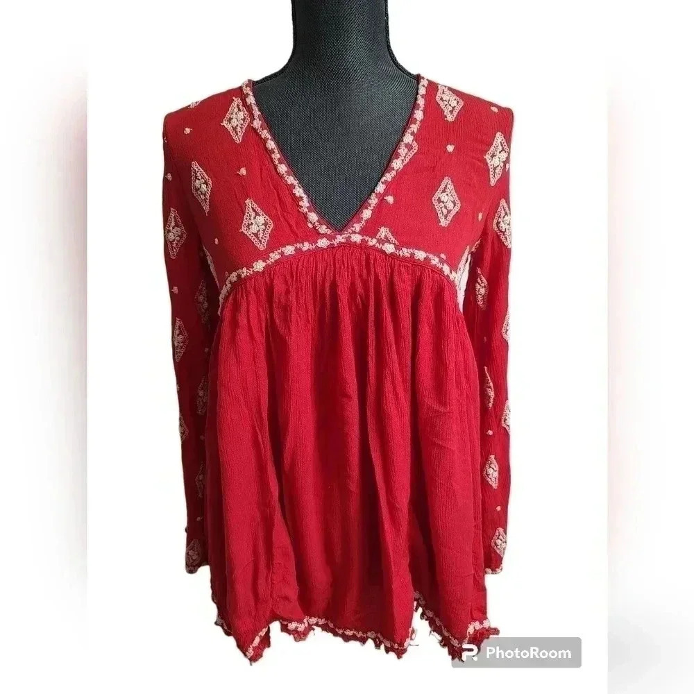 Free People Oversized Boho Crepe Embroidered Floral Open Back Tunic Blouse